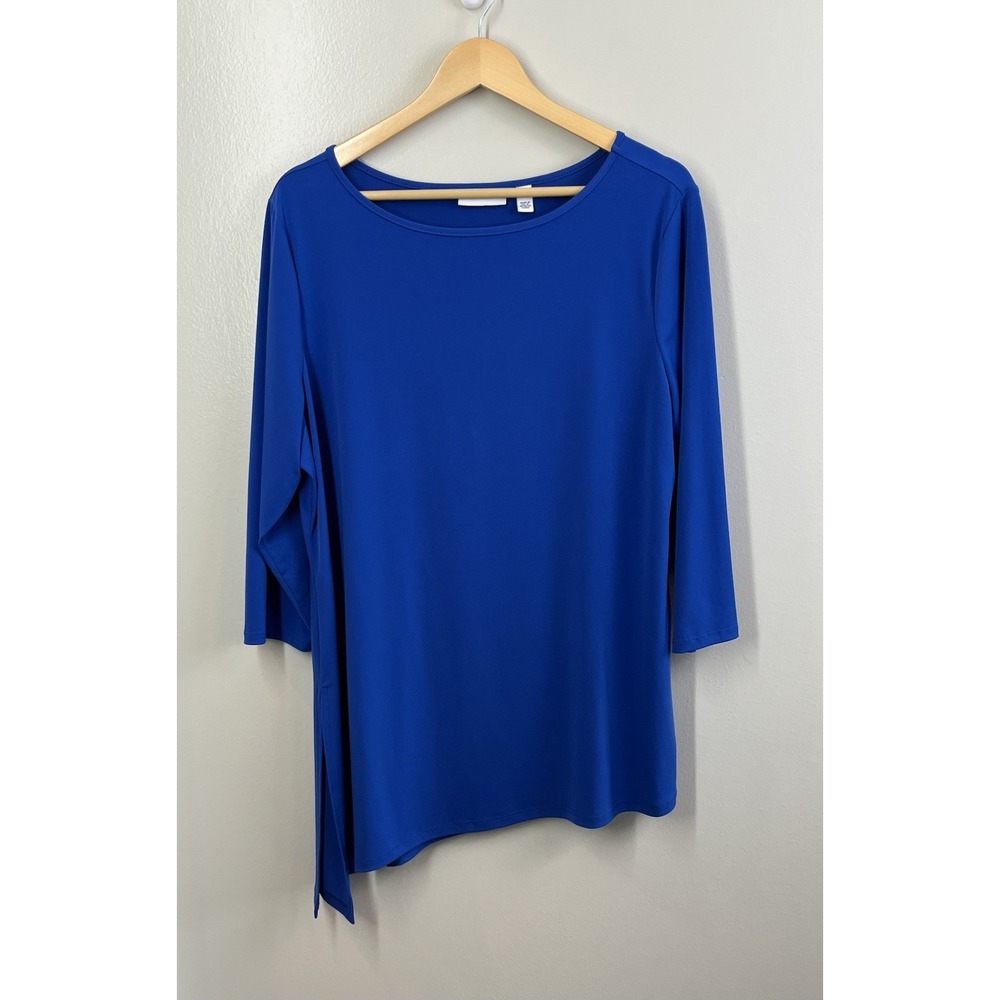 Susan Graver Liquid Knit Blue Asymmetrical Hem Top Blouse Tunic Size XL